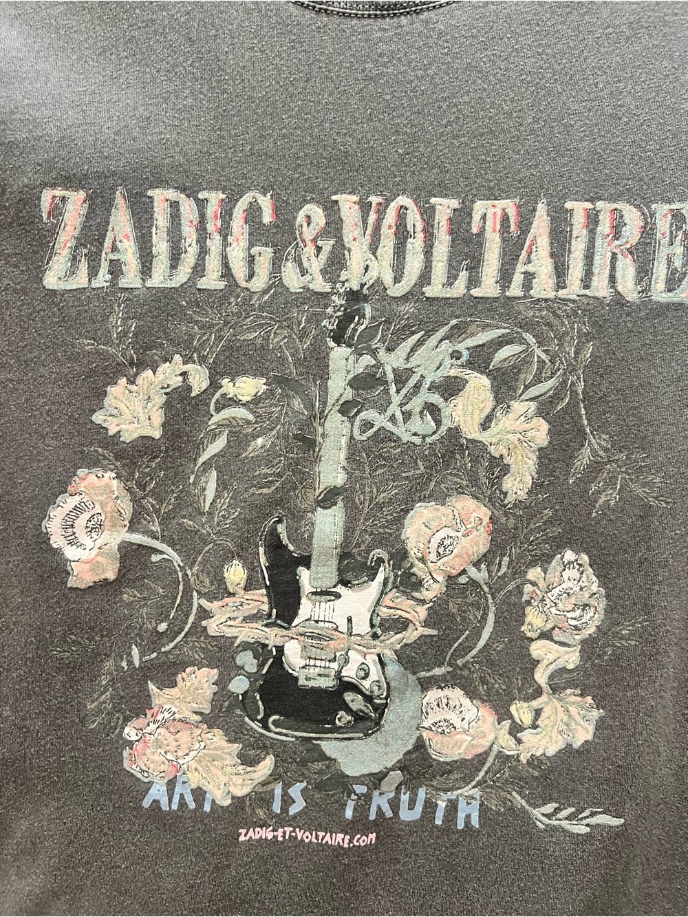 Zadig & Voltaire Women Grey Graphic Tee - Floral Guitar Print - Picture 3 of 4